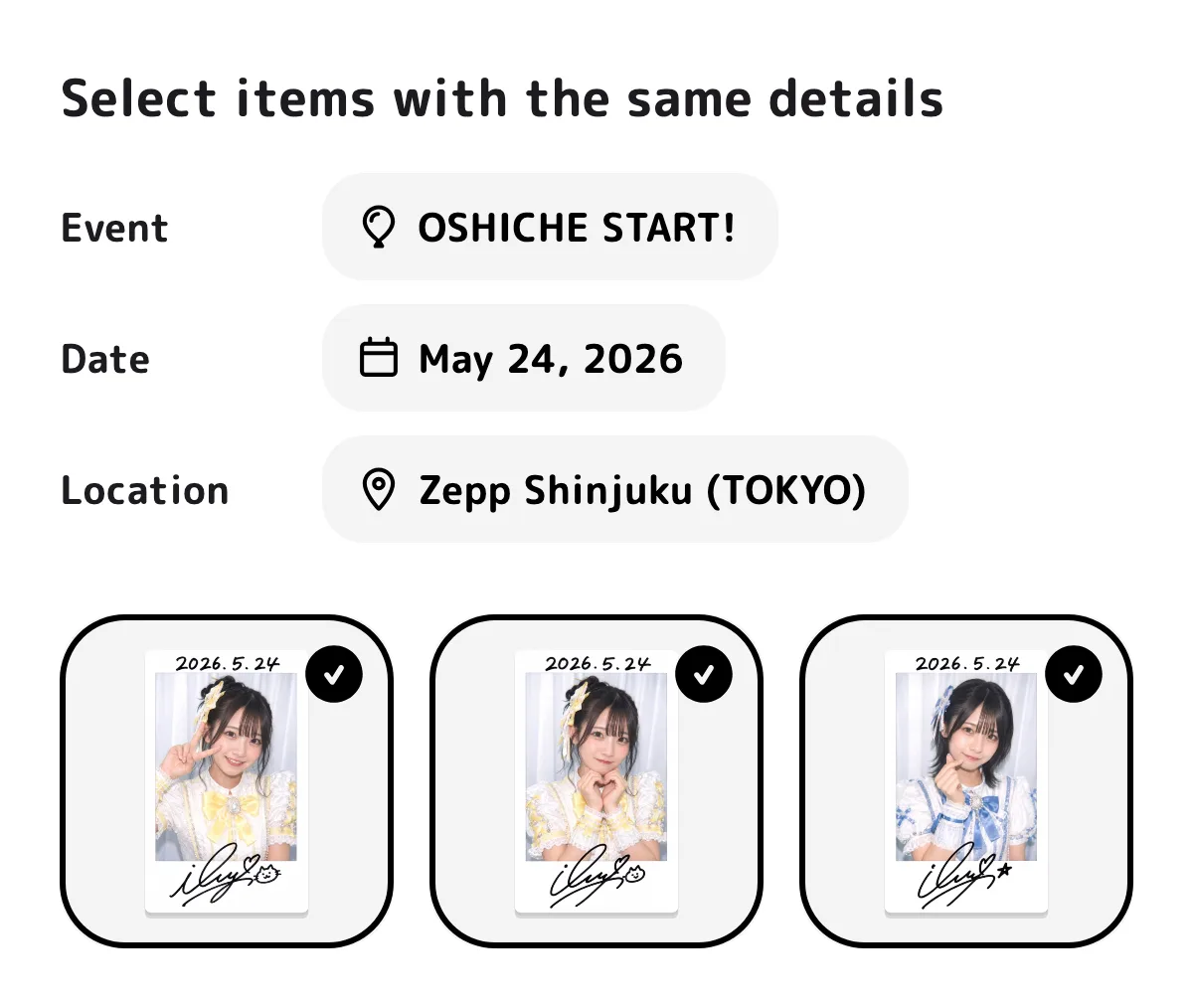 Three chekis selected to share the same date, event, and location