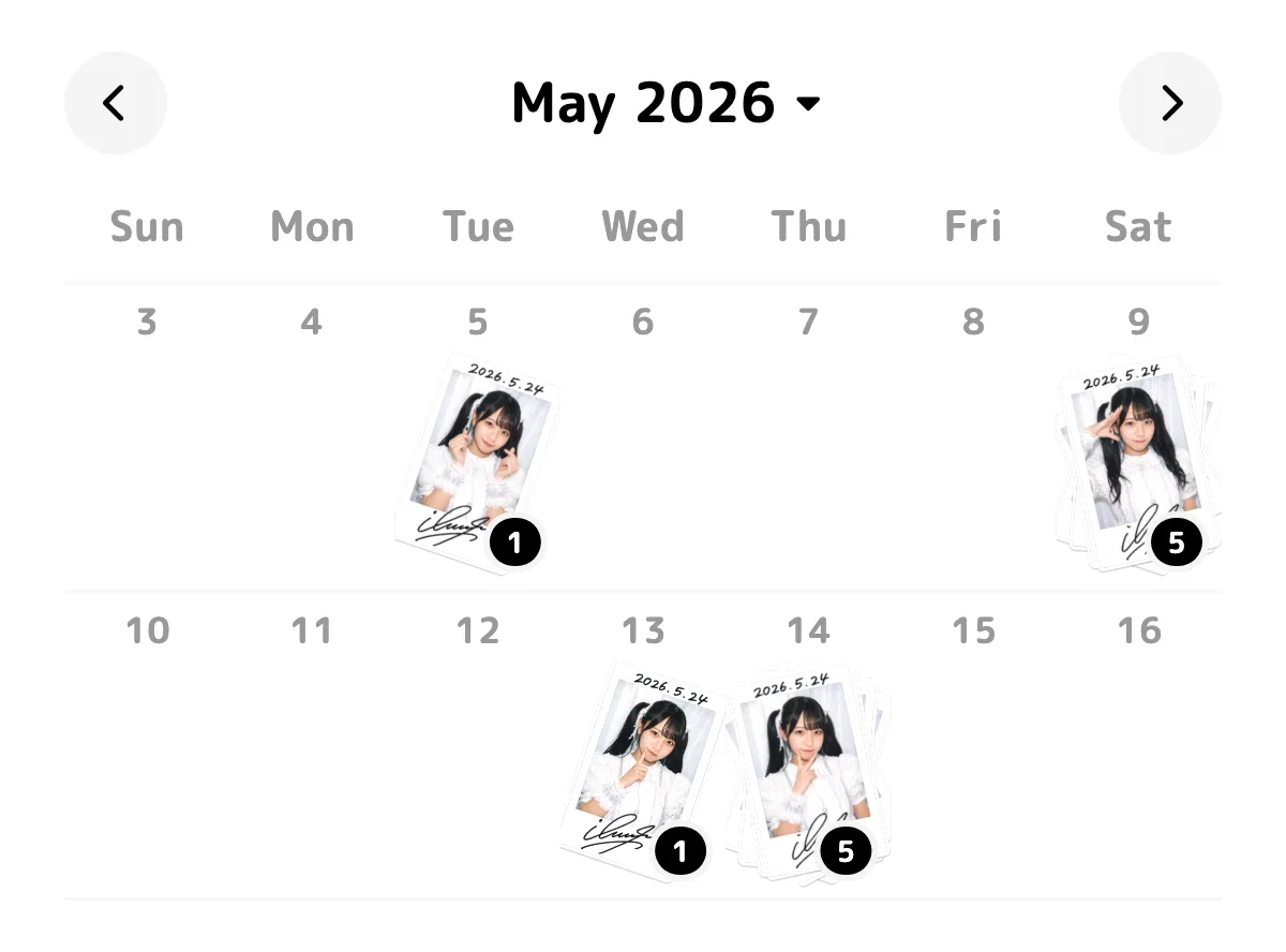 Two weeks of the Oshiche calendar with cheki thumbnails