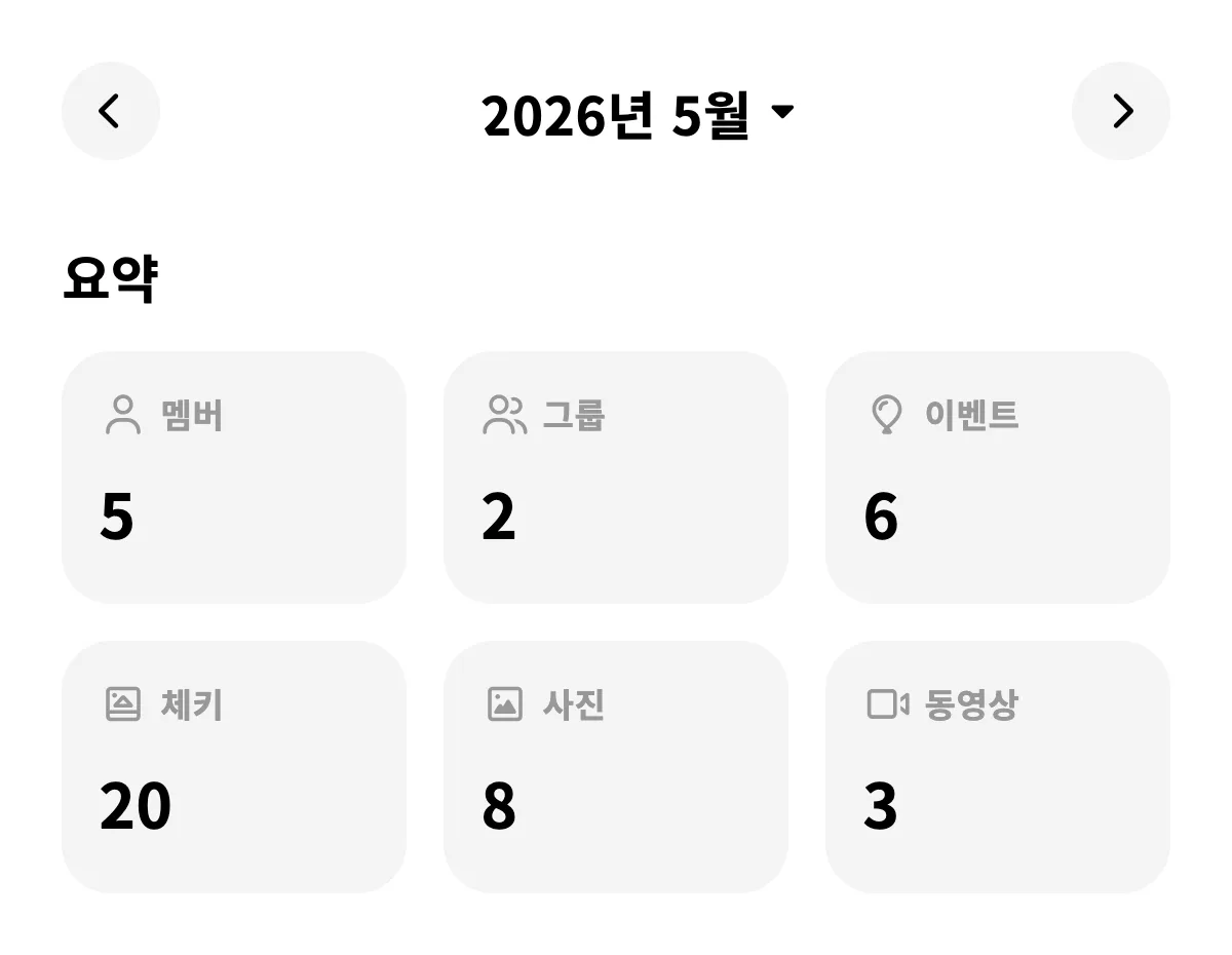 멤버, 그룹, 이벤트, 체키, 사진, 동영상 수를 보여 주는 통계 요약